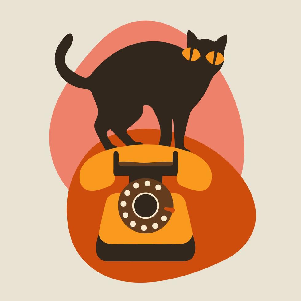 Vector silhouettes of the cat with retro media icon, Cute and funny vintage vector.