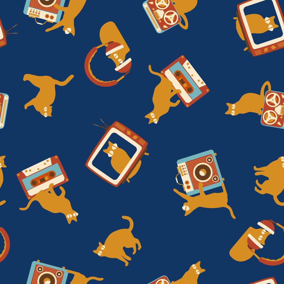 Seamless pattern silhouettes of the cat with retro media icon, different poses on color background, Cute and funny vector. vector