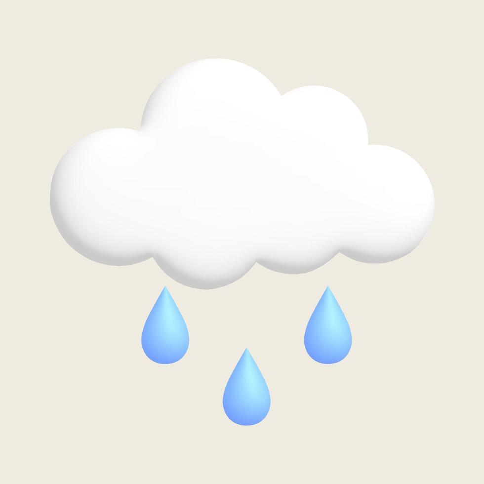 Rain, white cloud, raindrops. Cute weather realistic icon. 3d cartoon. vector