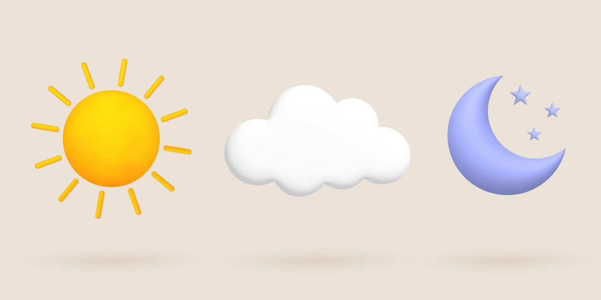 3d cartoon weather icons set. Sun, moon, stars, clouds. vector