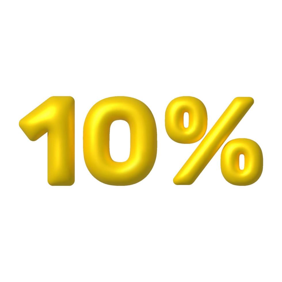 Sale 3D icon. Yellow glossy 10 percent discount vector sign. 3d vector realistic design element.