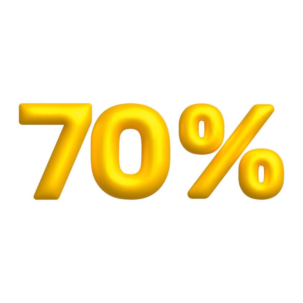 Sale 3D icon. Golden glossy 70 percent discount vector sign. 3d vector realistic design element.