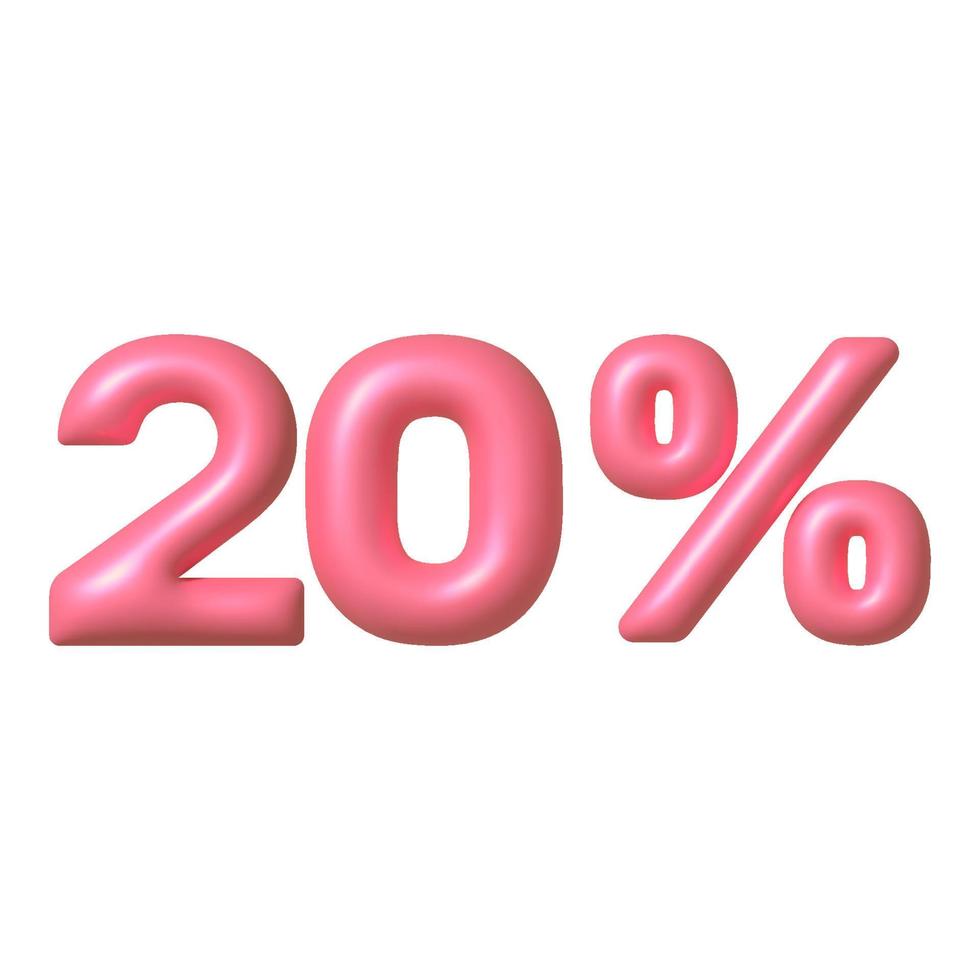 Sale 3D icon. Pink glossy 20 percent discount vector sign. 3d vector realistic design element.