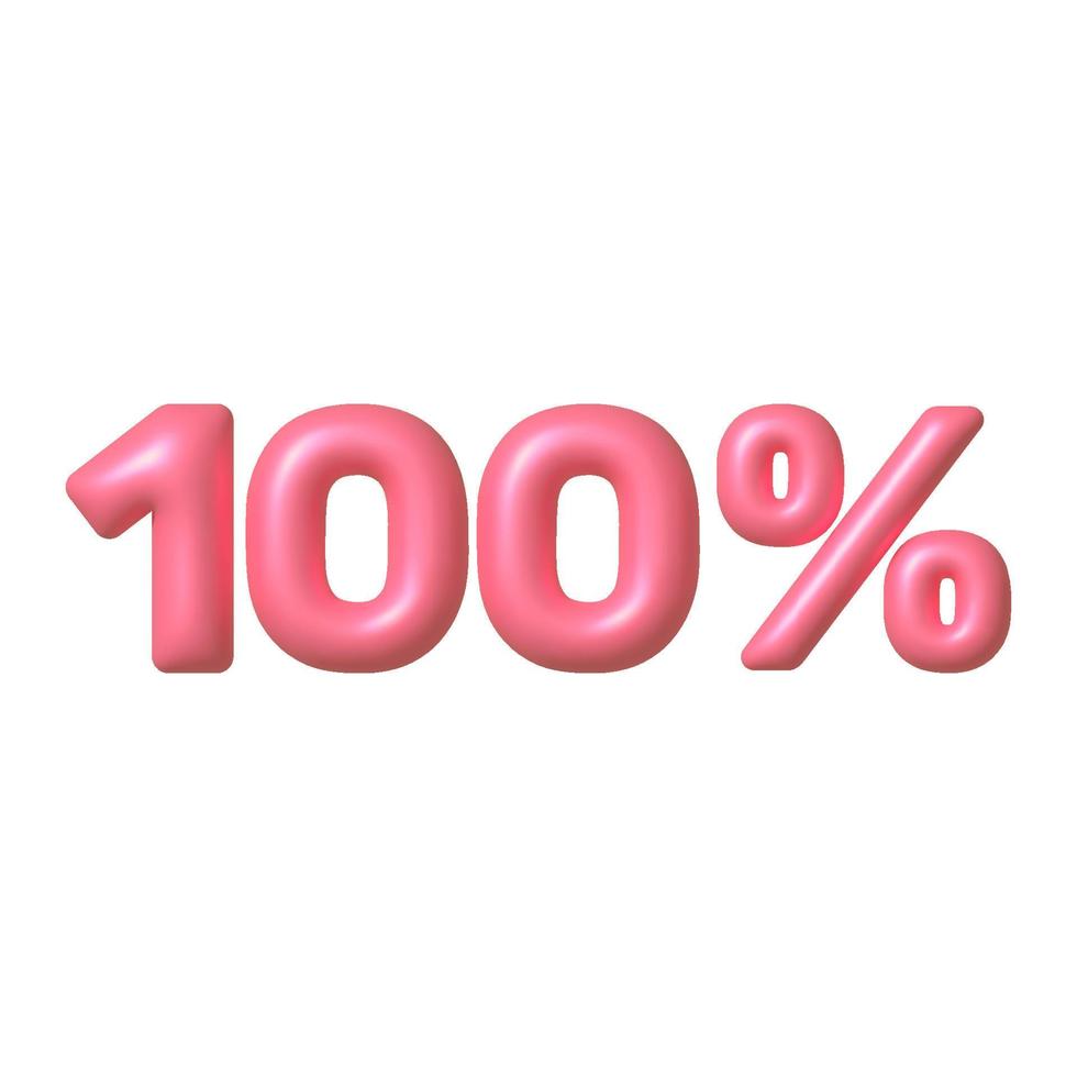 Sale 3D icon. Pink glossy 100 percent discount vector sign. 3d vector realistic design element.