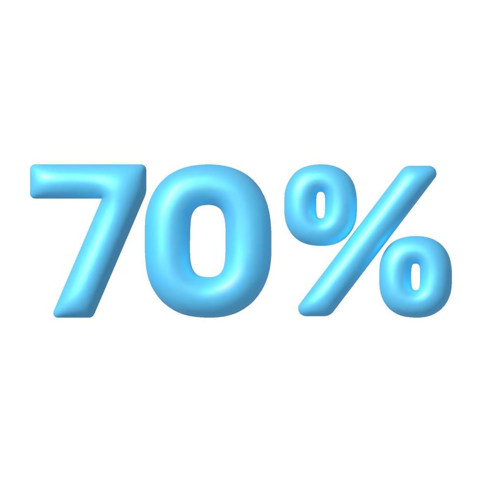 Number 3D icon. Blue glossy 70 percent discount vector sign. 3d vector realistic design element.