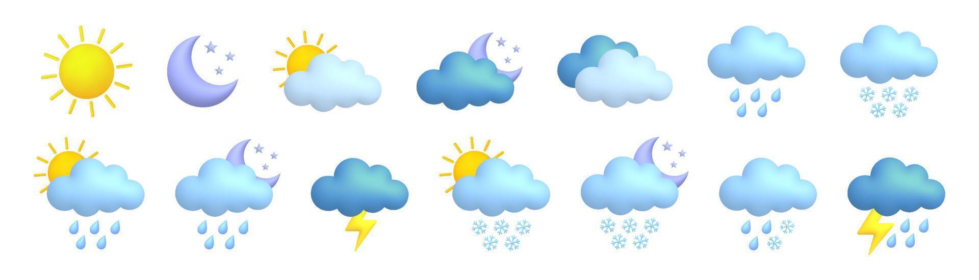 Cute 3d cartoon weather icons big set. Sun, moon, rainbow, lightning, cloud, rain, snow, wind, thunderstorm. vector