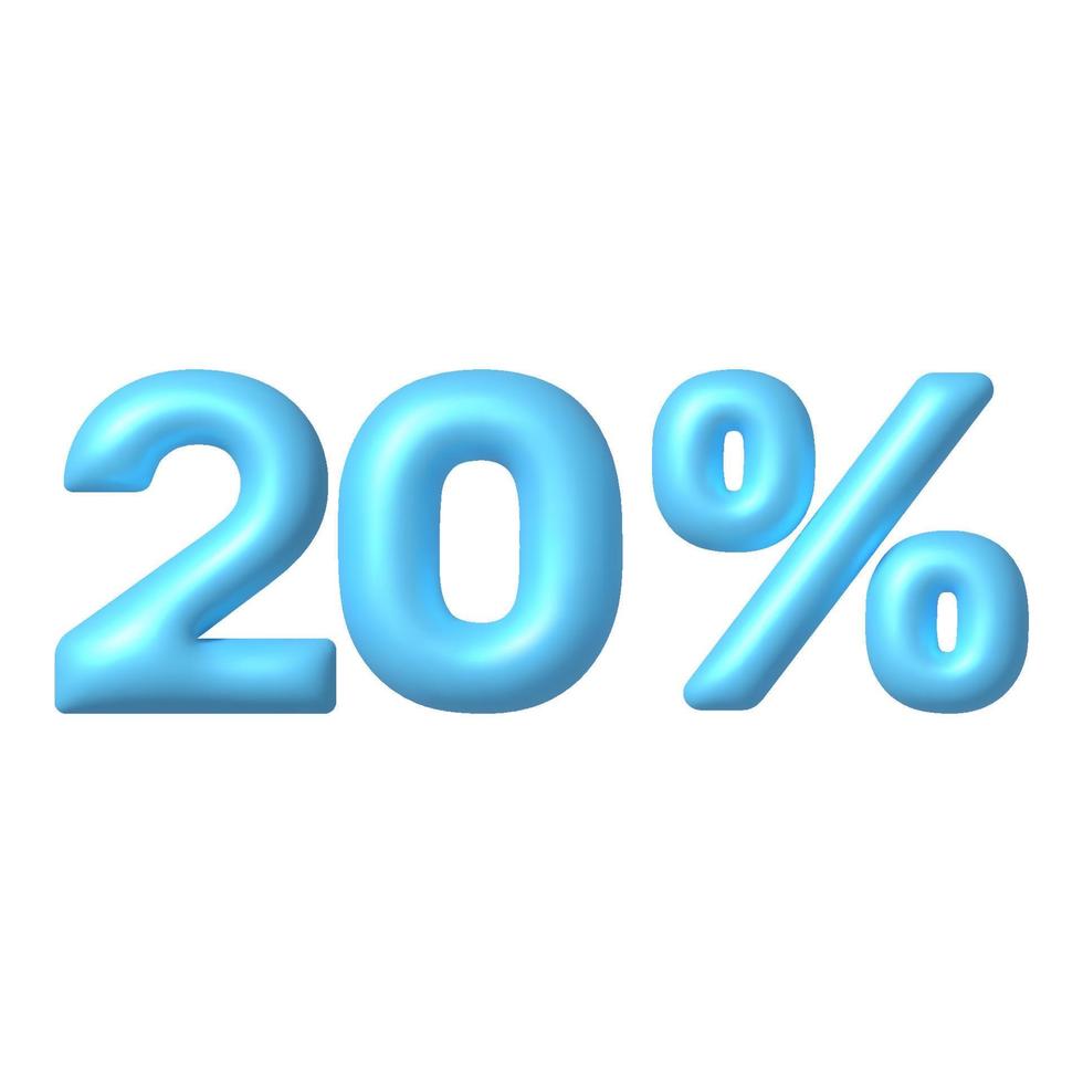 Number 3D icon. Blue glossy 20 percent discount vector sign. 3d vector realistic design element.