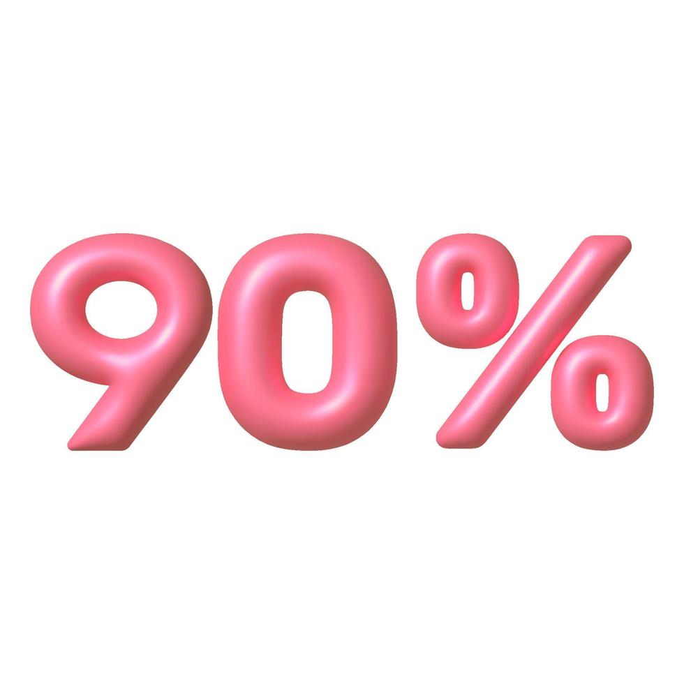 Sale 3D icon. Pink glossy 90 percent discount vector sign. 3d vector realistic design element.