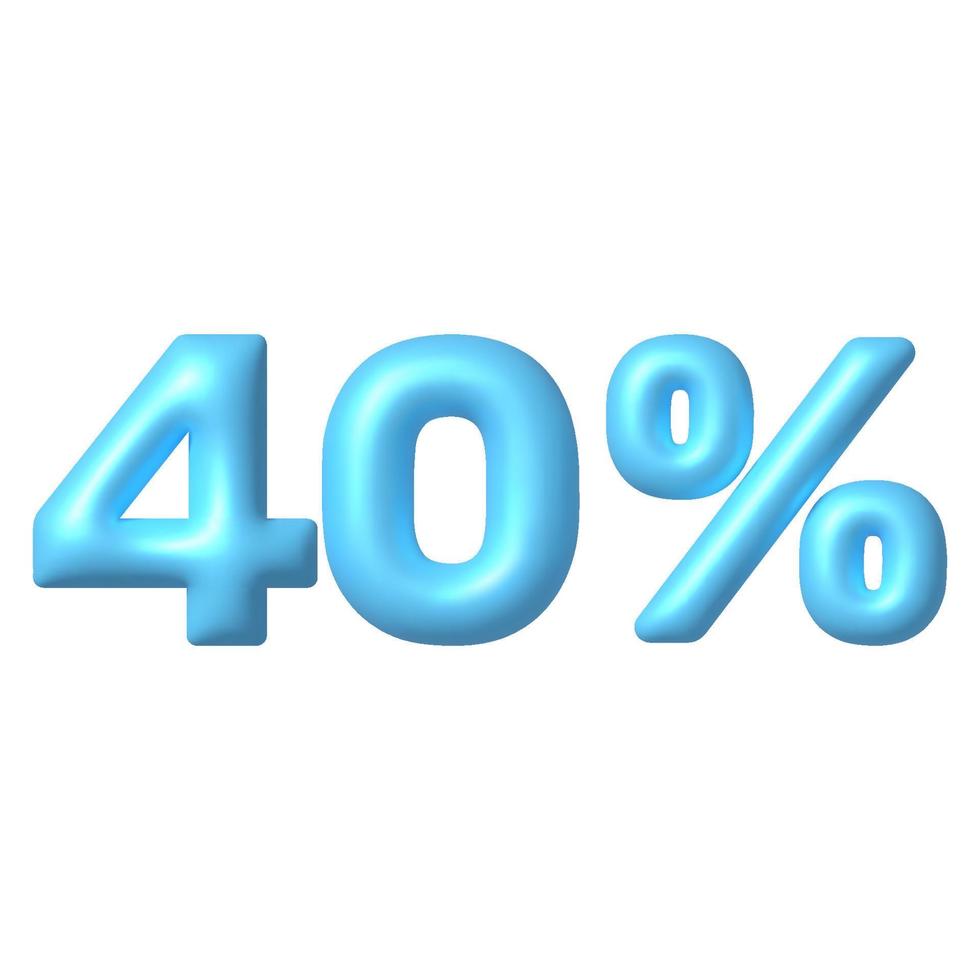 Number 3D icon. Blue glossy 40 percent discount vector sign. 3d vector realistic design element.