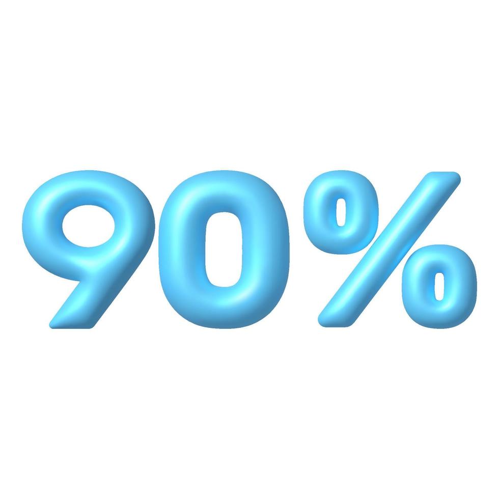 Number 3D icon. Blue glossy 90 percent discount vector sign. 3d vector realistic design element.
