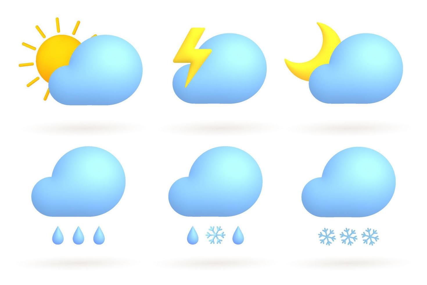 3d dibujos animados clima íconos colocar. sol, luna, iluminación, nubes, lluvia, nieve. vector