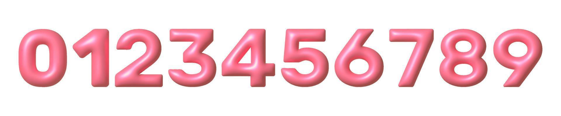 Set of Pink 3D numbers icons. Cute metallic math font with shiny bright highlights. 3d vector realistic design element.