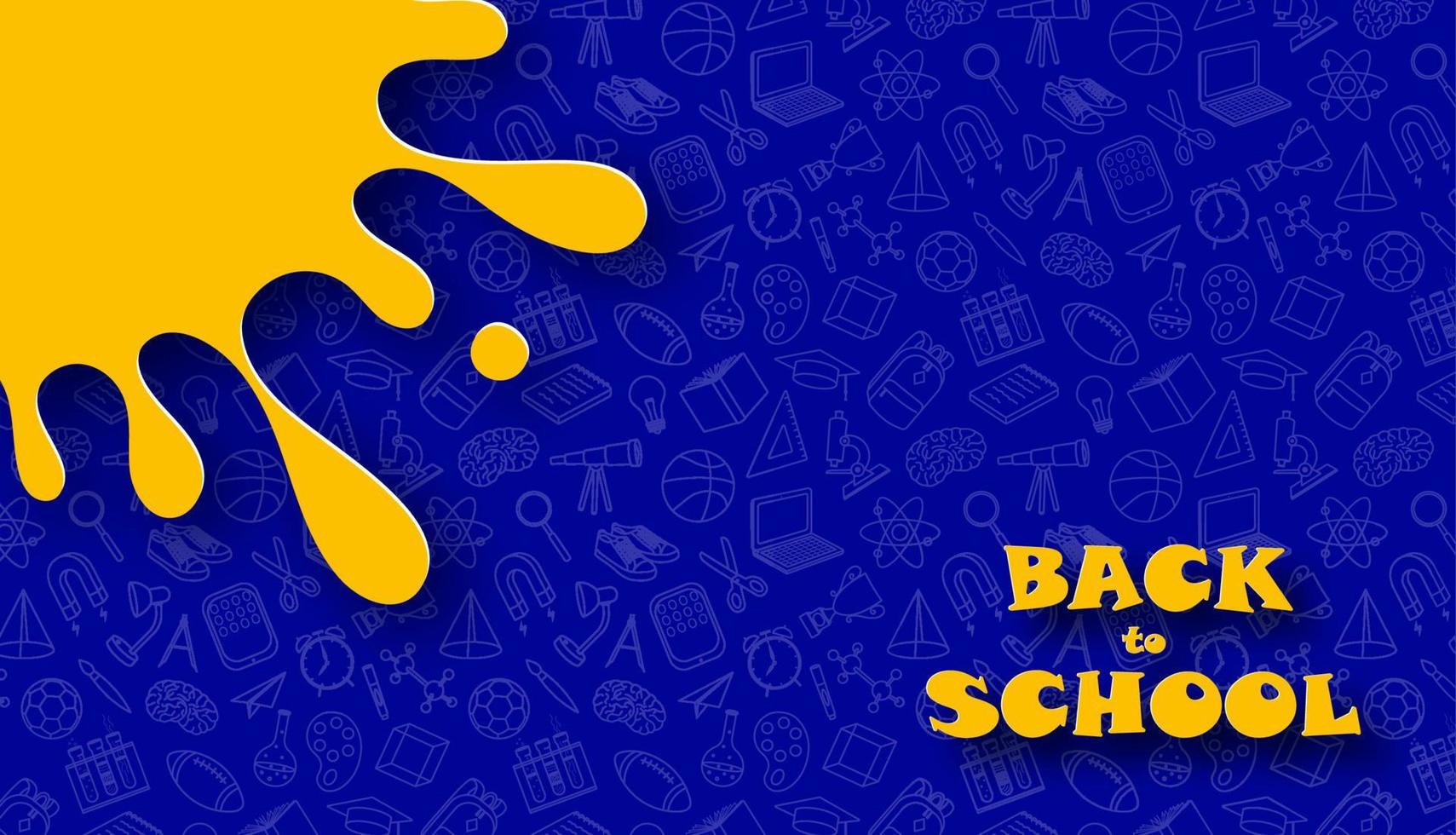 Back to school. Funny abstract banner in paper cut style. Paper yellow blot shape on blue background with school elements doodle pattern. vector