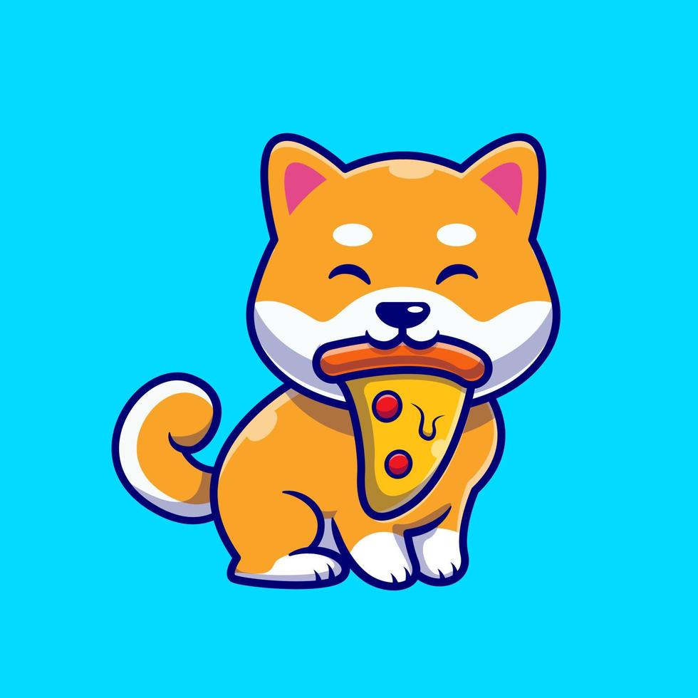 Cute Shiba Inu Dog Eating Pizza Cartoon Vector Icon Illustration. Animal Food Icon Concept Isolated Premium Vector. Flat Cartoon Style