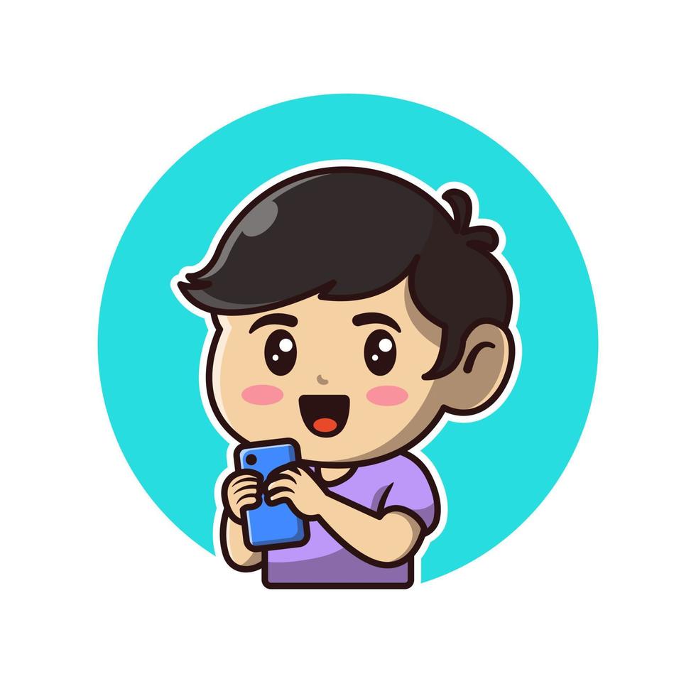 Cute Boy With Phone Cartoon Vector Icon Illustration. People Technology Icon Concept Isolated Premium Vector. Flat Cartoon Style