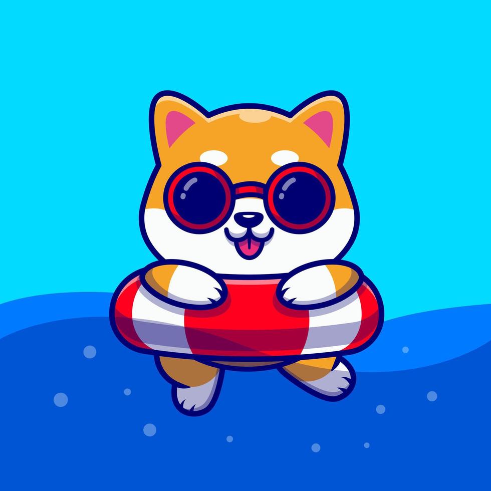 Cute Shiba Inu Dog Swimming Cartoon Vector Icon Illustration. Animal Holiday Icon Concept Isolated Premium Vector. Flat Cartoon Style