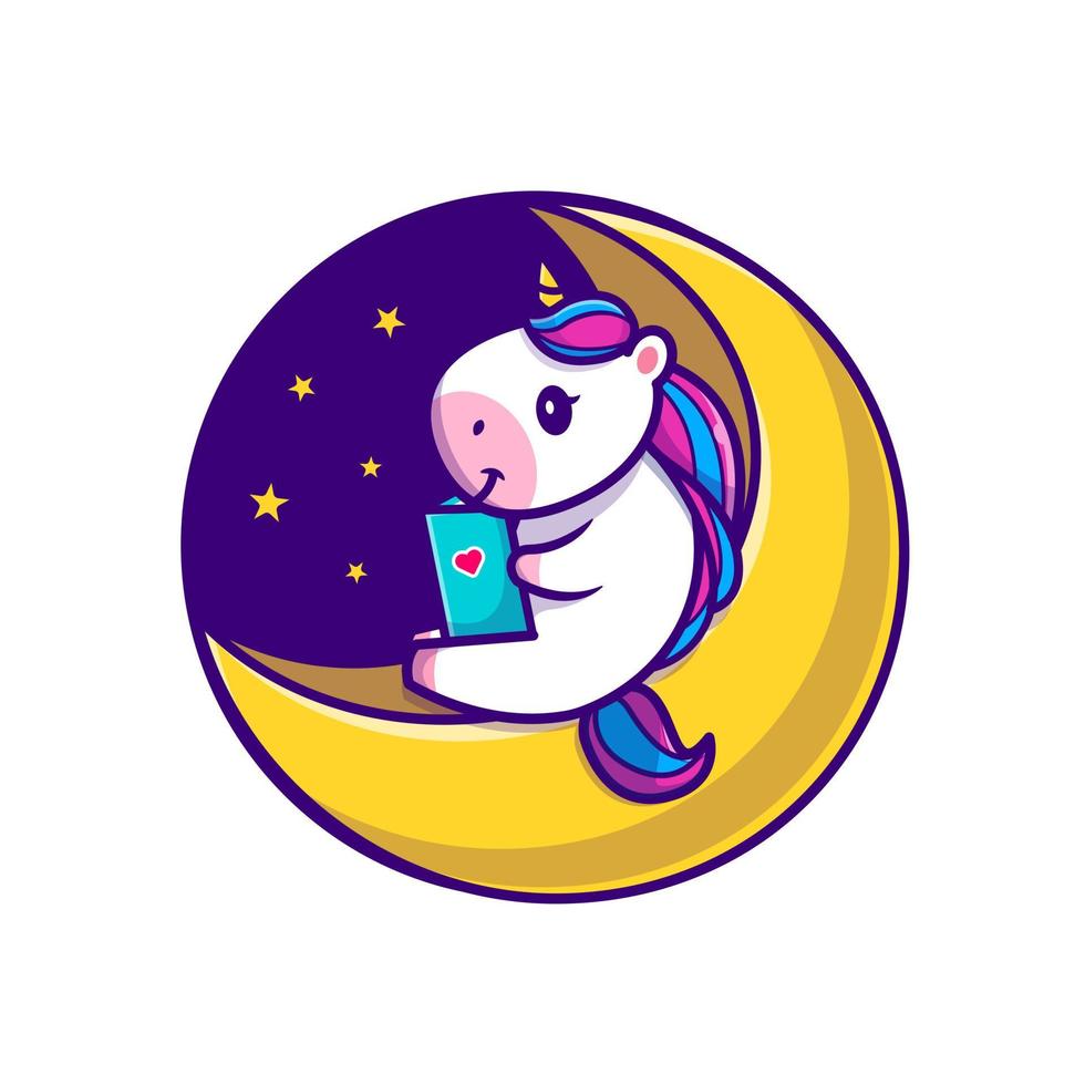 Cute Unicorn Reading Book On Moon Cartoon Vector Icon Illustration. Animal Education Icon Concept Isolated Premium Vector. Flat Cartoon Style