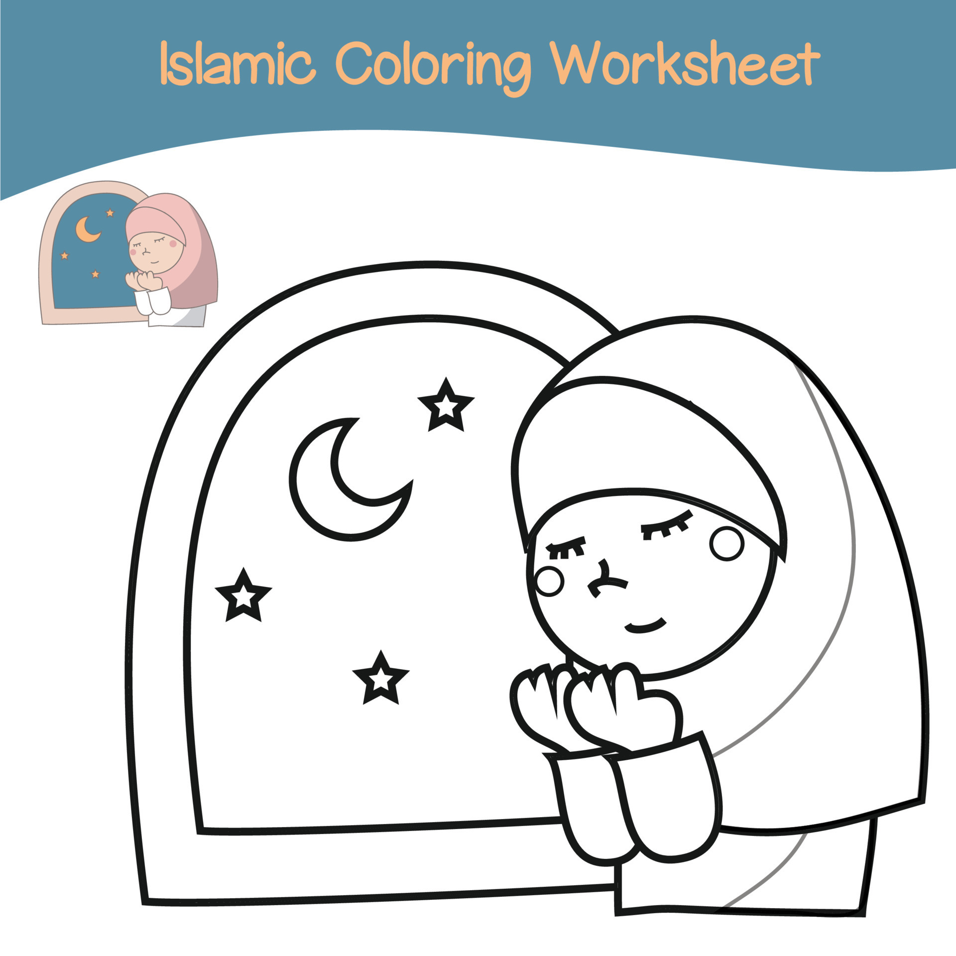 Islamic coloring worksheet. Islamic religion items coloring book