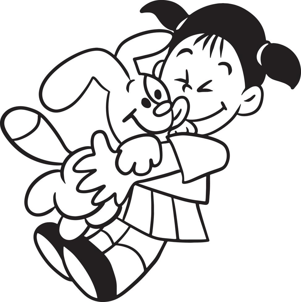 dibujos animados niña abrazando muñeca garabatear kawaii anime colorante página linda ilustración dibujo acortar Arte personaje chibi manga cómic vector