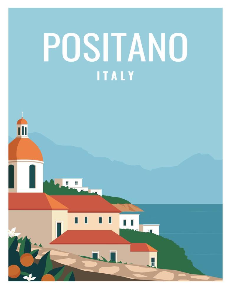 landscape view of Positano on Amalfi Coast Italy. vector illustration background for, poster, postcard, card, art, print