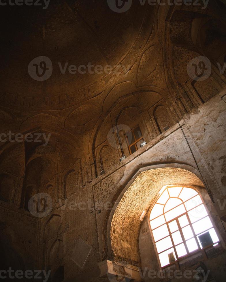 Masjed-e Jameh Mosque Ceiling with Roof Circle Window and Muqarna. Beautiful oldest iranian mosque dome interior design. photo