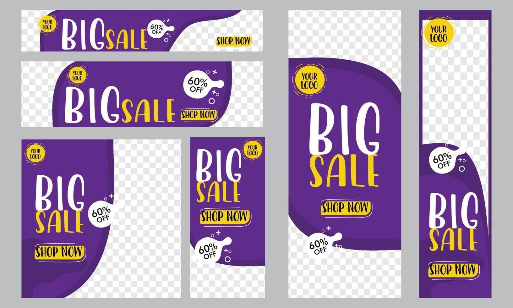 A set of banners for big sale including a Purple and yellow sale color social media promotion design social media banner design offer vector