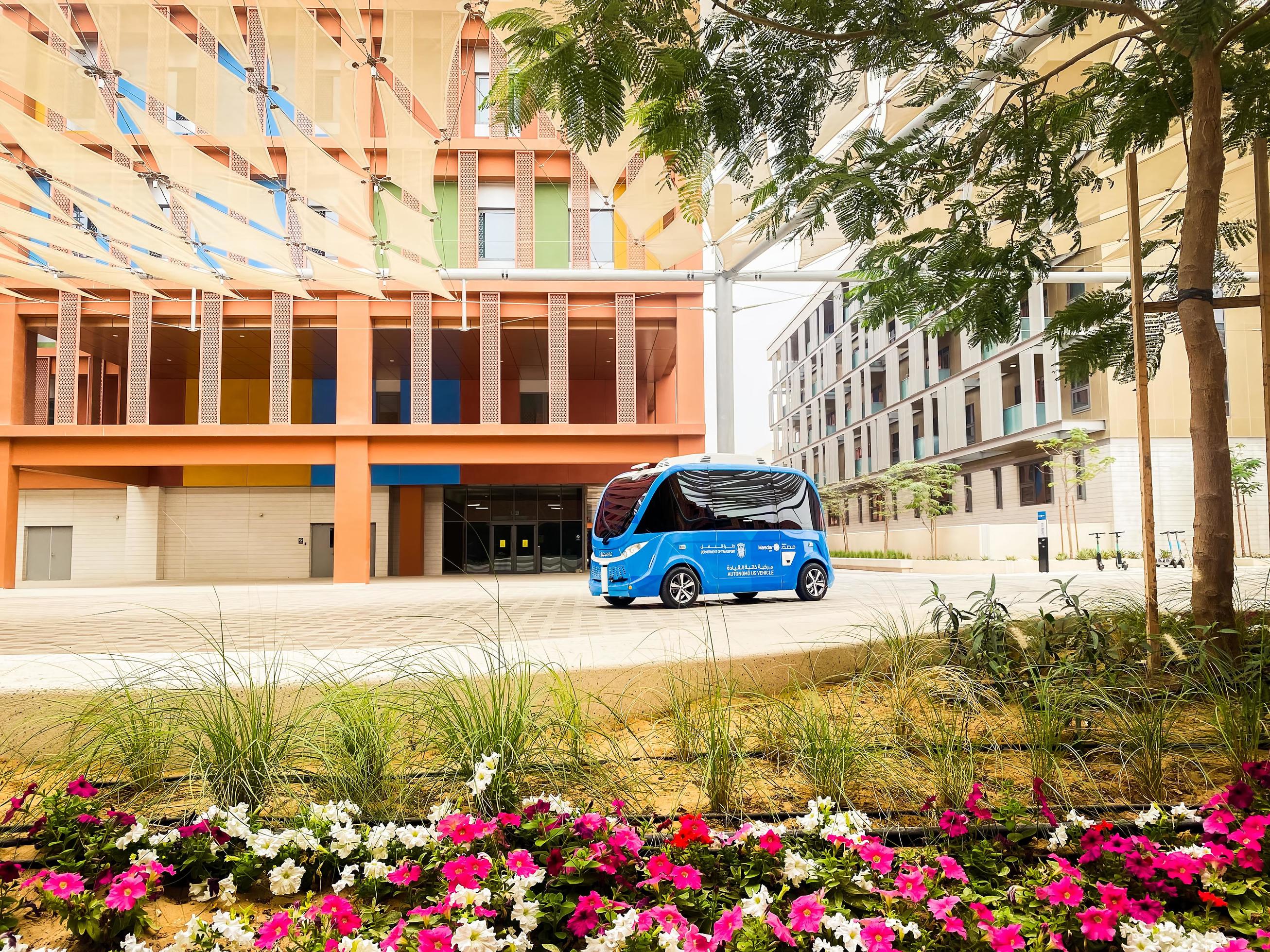 UAE, Abu Dhabi, 2023 Autonomous car stand in futuristic city Masdar