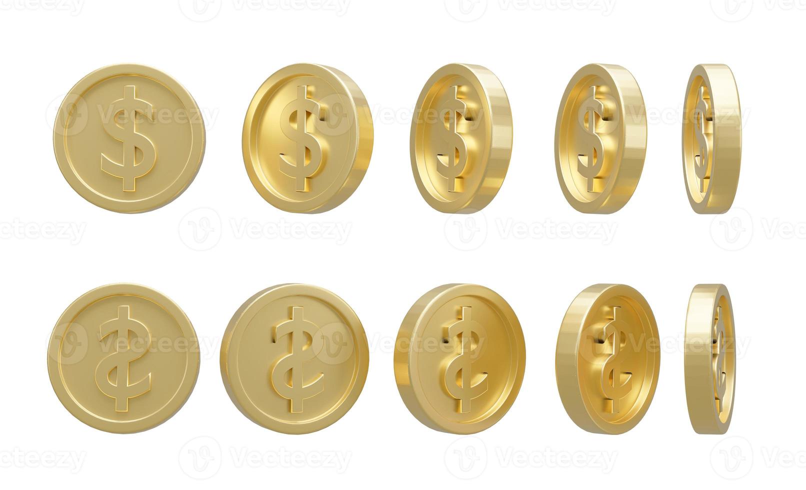 Collection of golden dollar coin in different shape on white background. 3d rendering illustration. photo