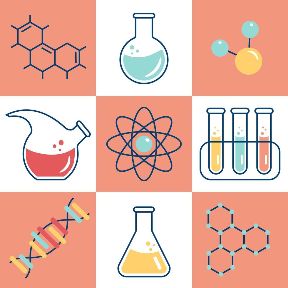 conjunto icono quimicos, química, laboratorio, frascos, vasos de precipitados, frascos, elementos de el molécula. vector ilustración