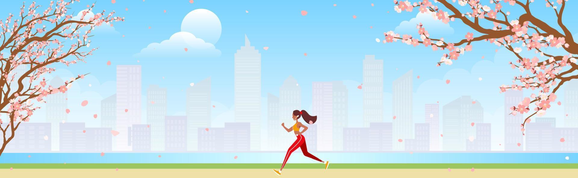 Runner training outdoors. Sporty girl running down city park pathway in morning. Vector illustration for health, active lifestyle, morning exercise, jogging concept.