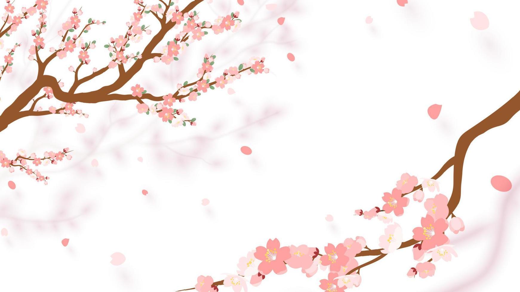 Sakura branch with falling petals Vector illustration. Pink Cherry blossom on transparent background