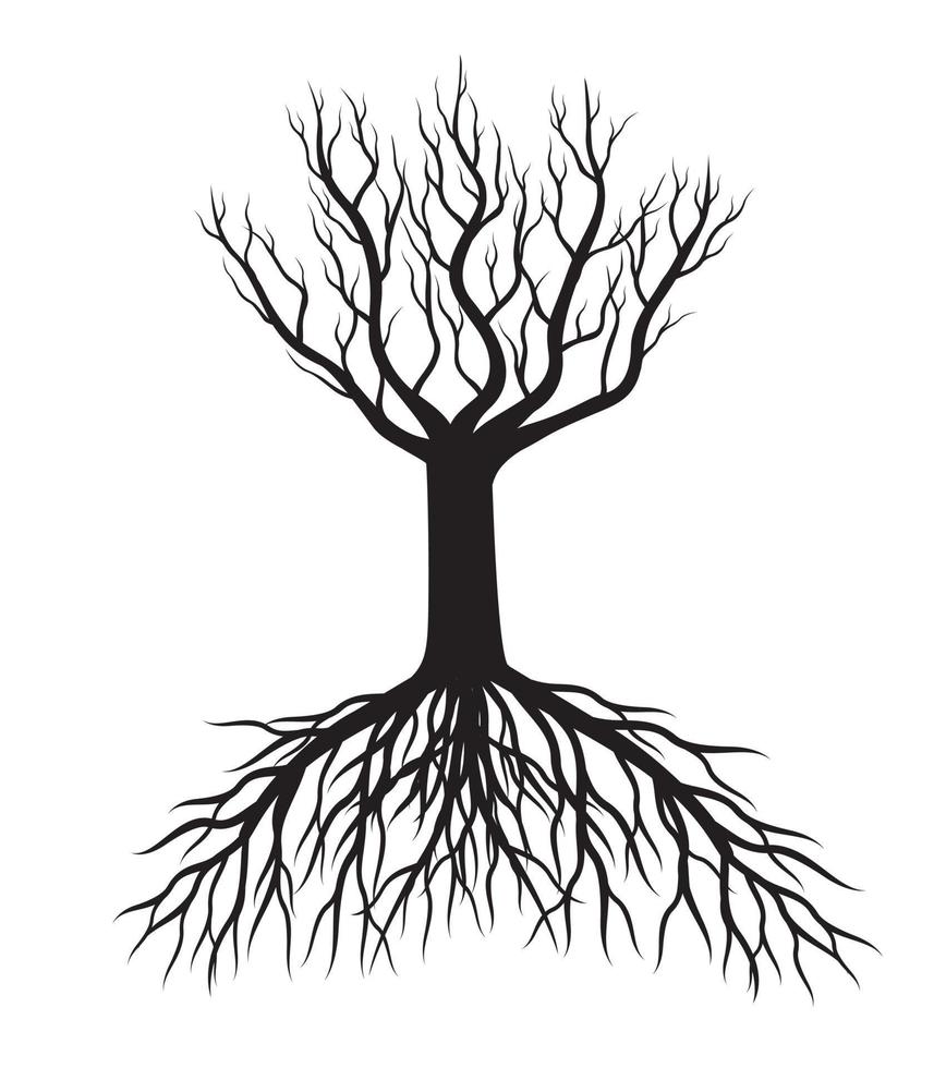 Black Tree with Roots. Vector Illustration.