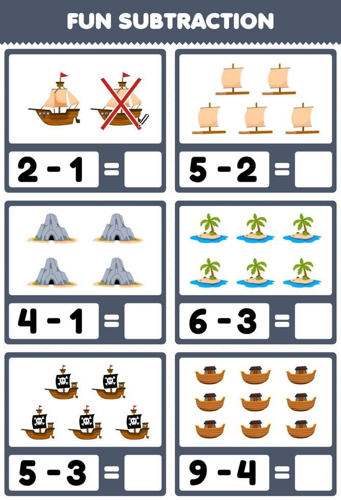 Education game for children fun subtraction by counting and eliminating cute cartoon ship raft ark cave island printable pirate worksheet vector