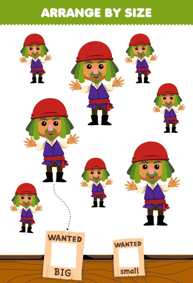 Education game for children arrange by size big or small picture of cute cartoon mustache man character printable pirate worksheet vector