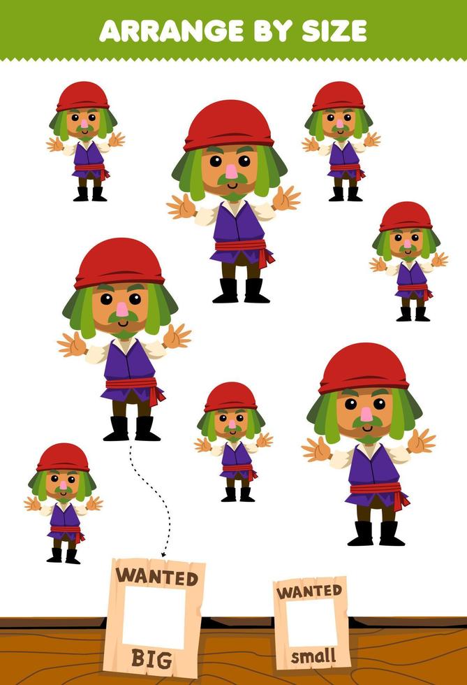 educación juego para niños organizar por Talla grande o pequeño imagen de linda dibujos animados Bigote hombre personaje imprimible pirata hoja de cálculo vector