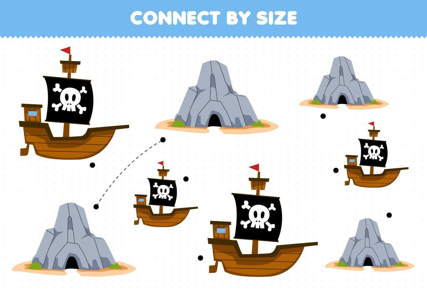 Educational game for kids connect by the size of cute cartoon ship and cave printable pirate worksheet vector