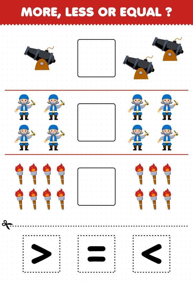 Education game for children count more less or equal of cartoon cannon old man torch then cut and glue the correct sign pirate worksheet vector