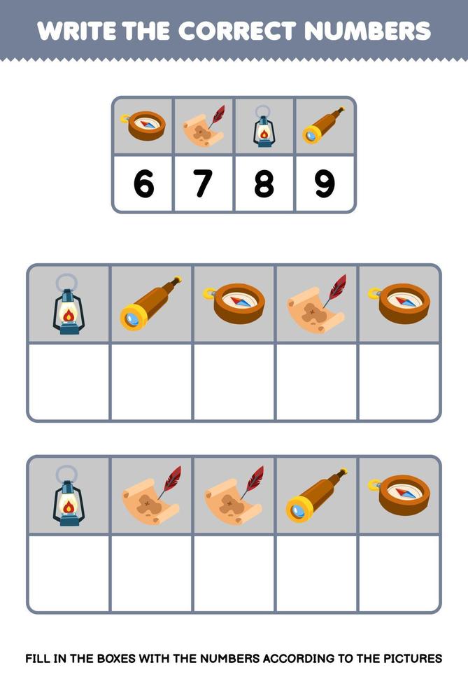 Education game for children write the right numbers in the box according to the cute compass treasure map lantern spyglass on the table printable pirate worksheet vector
