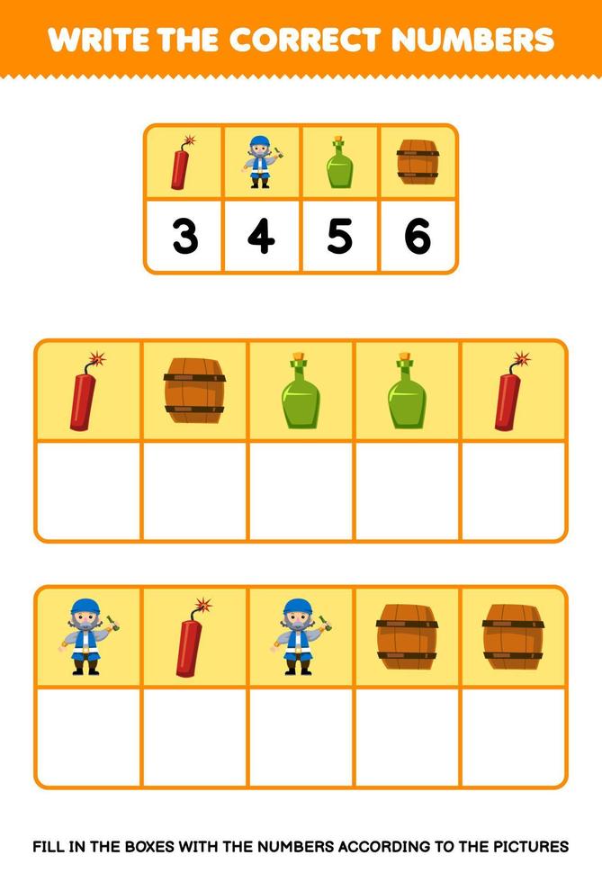 Education game for children write the right numbers in the box according to the cute dynamite old man bottle barrel on the table printable pirate worksheet vector