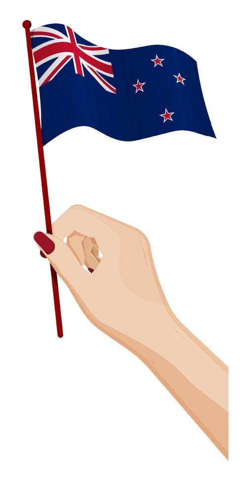 Female hand gently holds small Flag of New zealand. Holiday design element. Cartoon vector on white background