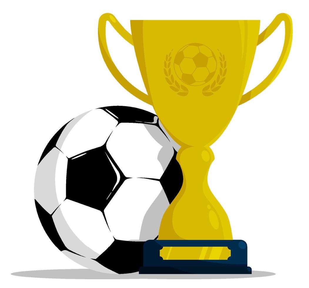 Prize sports cup with ball for participation in sports soccer competitions. Award to winner of tournament. Vector in flat style