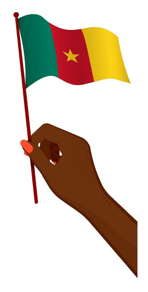 Female hand gently holds small Cameroon flag. Holiday design element. Cartoon vector on white background