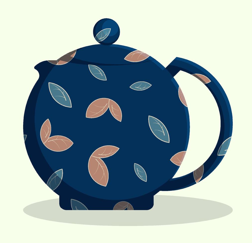 Chinese ceramic teapot with floral ornament for tea drinking. Kitchenware, breakfast utensils. Vector in flat style