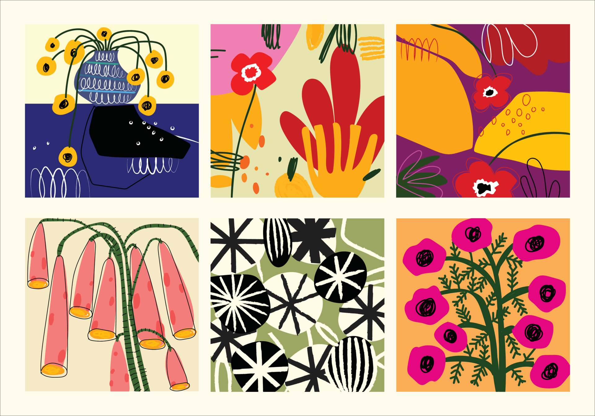 Set of floral, plants and flowers colorful hand drawn vector ...