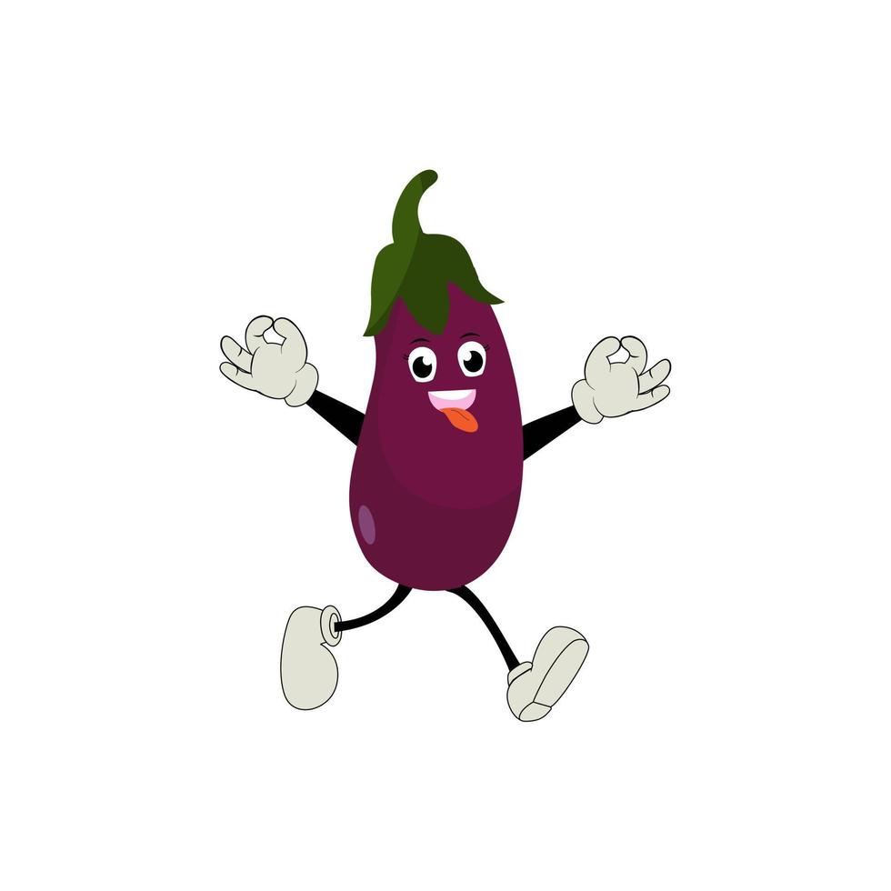 Cute eggplant character vector illustration. Flat eggplant cartoon character waving. Minimal purple eggplant fruit design for children books. Eggplant cartoon character.