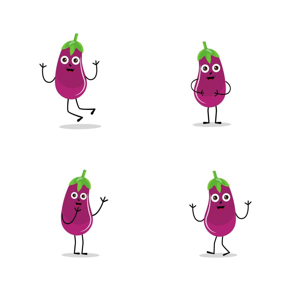 Cute eggplant character vector illustration. Flat eggplant cartoon character waving. Minimal purple eggplant fruit design for children books. Eggplant cartoon character.