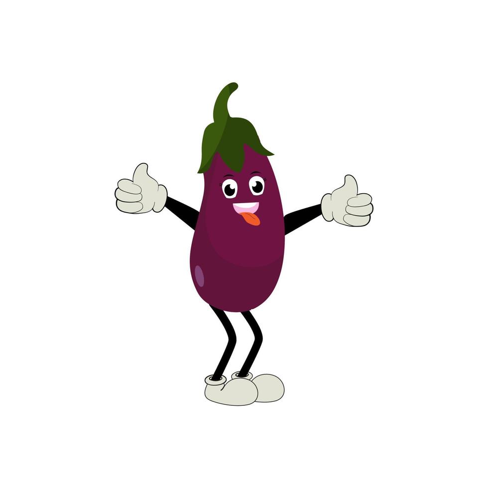 Cute eggplant character vector illustration. Flat eggplant cartoon character waving. Minimal purple eggplant fruit design for children books. Eggplant cartoon character.