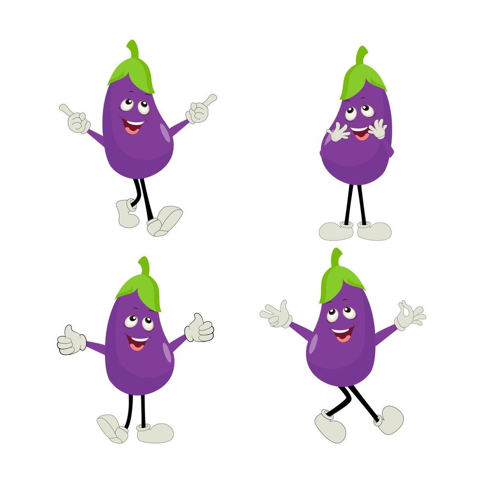 Cute eggplant character vector illustration. Flat eggplant cartoon character waving. Minimal purple eggplant fruit design for children books. Eggplant cartoon character.