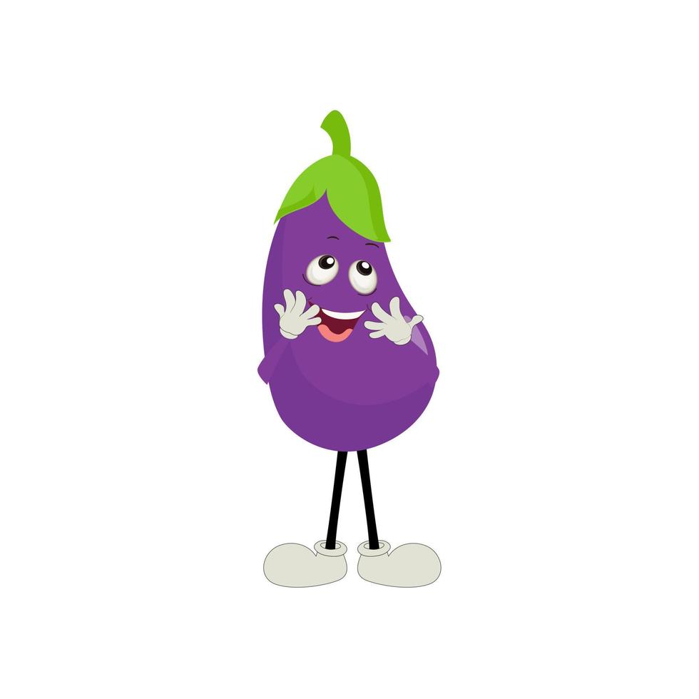 Cute eggplant character vector illustration. Flat eggplant cartoon character waving. Minimal purple eggplant fruit design for children books. Eggplant cartoon character.