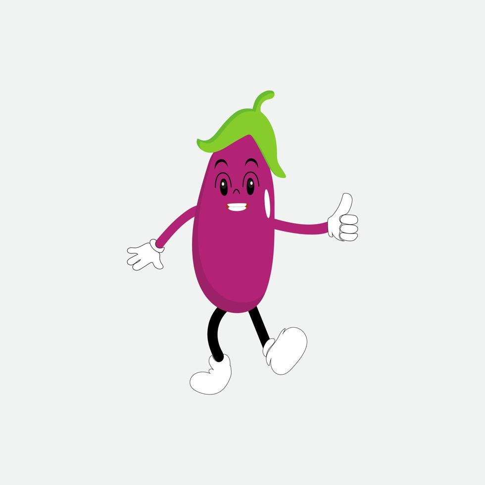 Cute eggplant character vector illustration. Flat eggplant cartoon character waving. Minimal purple eggplant fruit design for children books. Eggplant cartoon character